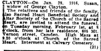 Camden Courier-Post, January 31, 1916 — Funeral notice for Susan Clayton