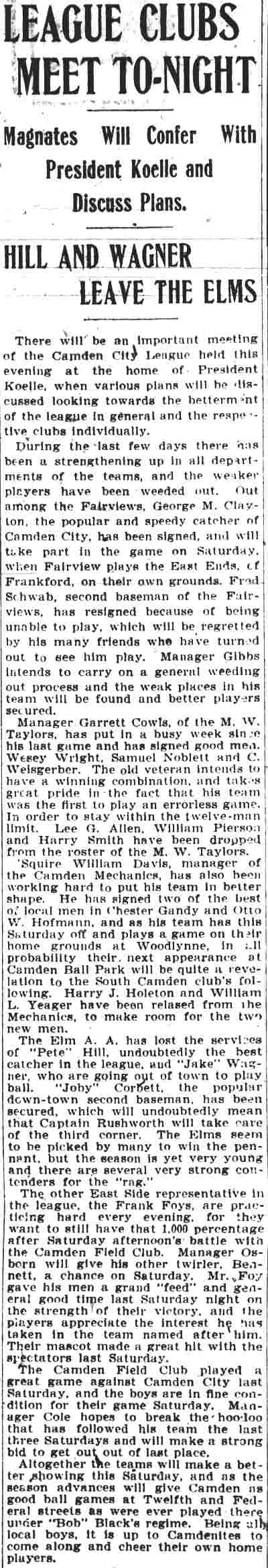 Camden Post-Telegram, May 11, 1905 — League Clubs Meet To-Night