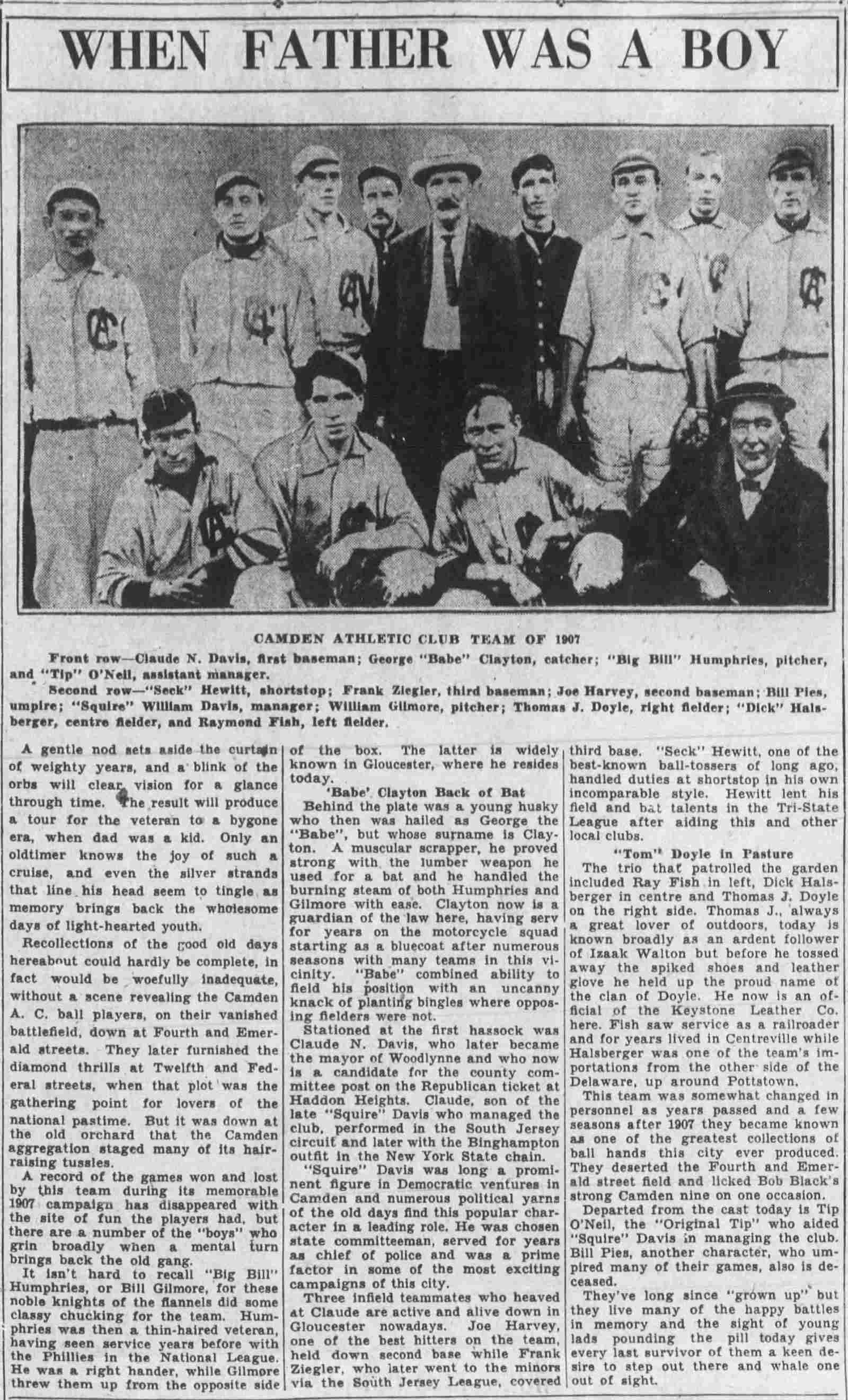 Camden Athletic Club 1906 — article and team photo