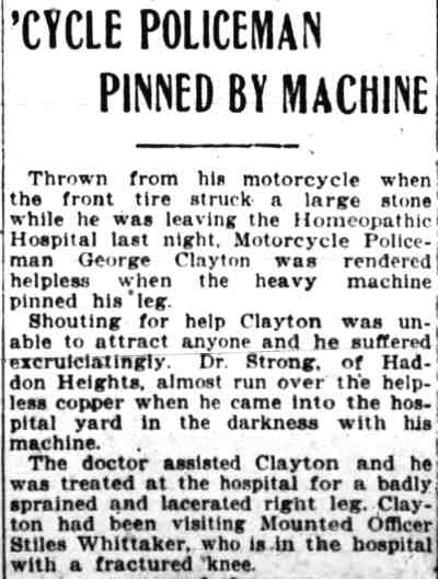 Camden Courier-Post, June 29, 1918 — Cycle Policeman Pinned by Machine