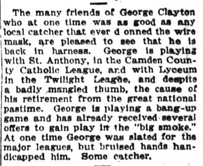 Camden Post-Telegram, July 9, 1915 — George Clayton back playing baseball