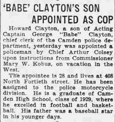 Camden Courier-Post, August 3, 1937 — Babe Clayton's Son Appointed as Cop