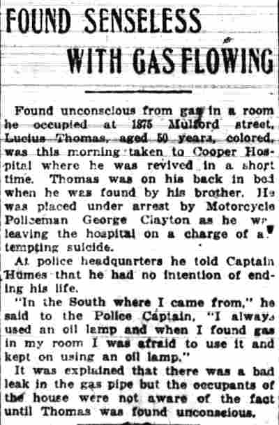 Camden Courier-Post, October 1, 1918 — Found Senseless With Gas Flowing