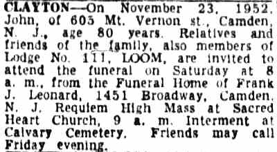 Camden Courier-Post, November 28, 1952 — Death notice for John Clayton