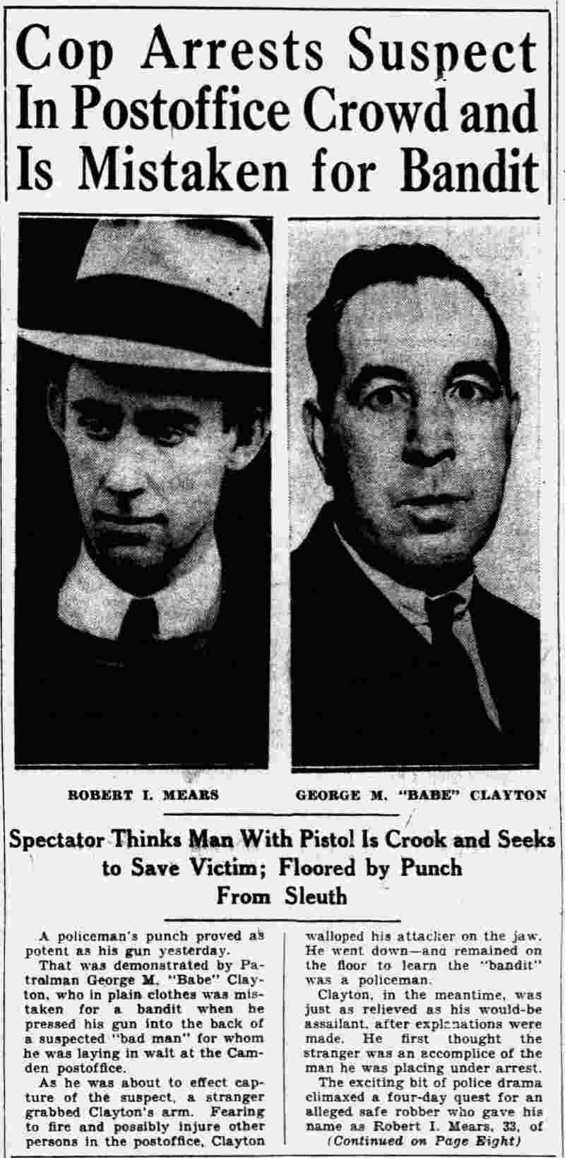 Camden Courier-Post, December 21, 1932 — headline with portraits of Mears and Clayton
