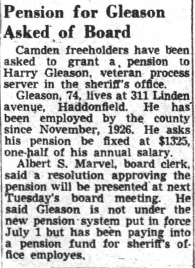 Camden Courier-Post, August 13, 1949 — Pension for Gleason Asked of Board