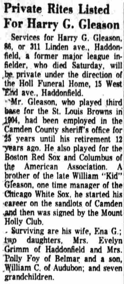 Camden Courier-Post, October 23, 1961 — Private Rites Listed For Harry G. Gleason