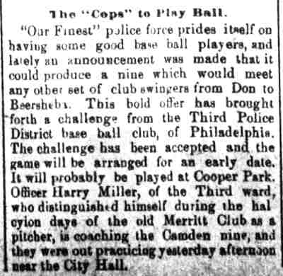 Camden Daily Courier, May 14, 1887 — Harry Miller, Merritt Base Ball Club