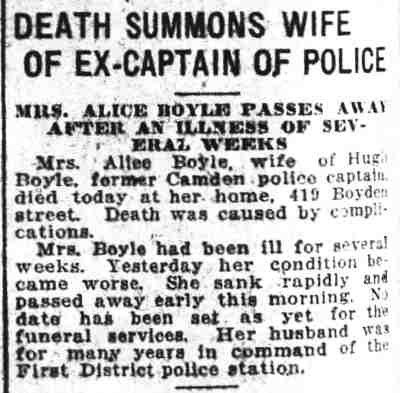 Camden Courier-Post, March 10, 1926 — Death Summons Wife of Ex-Captain of Police