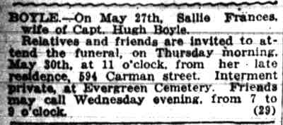 Camden Post-Telegram, May 29, 1918 — Funeral Notice for Sallie Frances Boyle