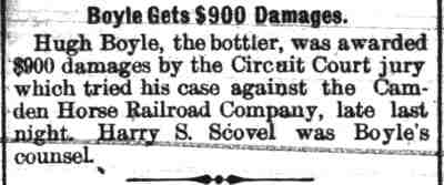 Camden Daily Courier, October 1, 1896 — Boyle Gets $900 Damages