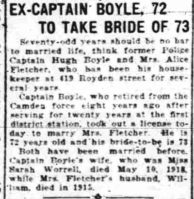 Camden Daily Courier, October 4, 1923 — Ex-Captain Boyle, 72, to Take Bride of 73