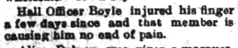 Camden Daily Courier, October 29, 1898 — Hall Officer Boyle Injured His Finger