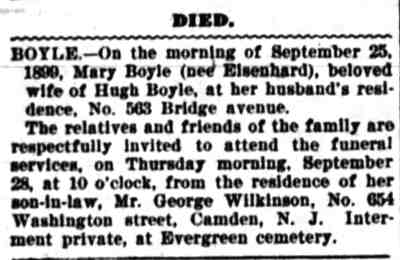 Camden Post-Telegram, November 27, 1899 — Death of Mary Boyle