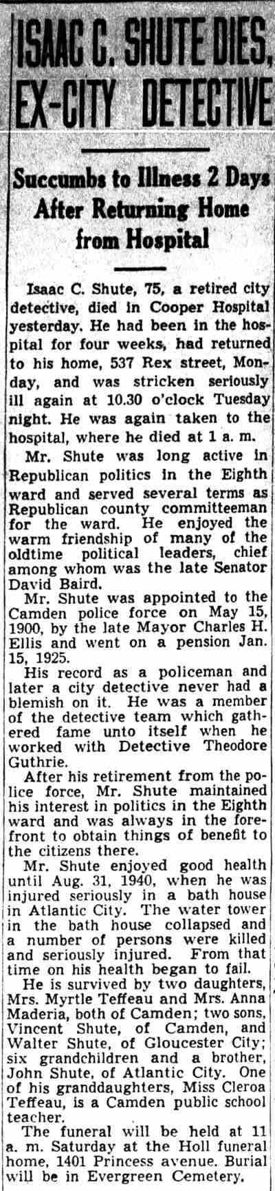 Camden Courier-Post, July 9, 1942 — Isaac C. Shute obituary