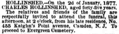 Philadelphia Inquirer, January 5, 1877 — Death notice for Charles Hollinshed