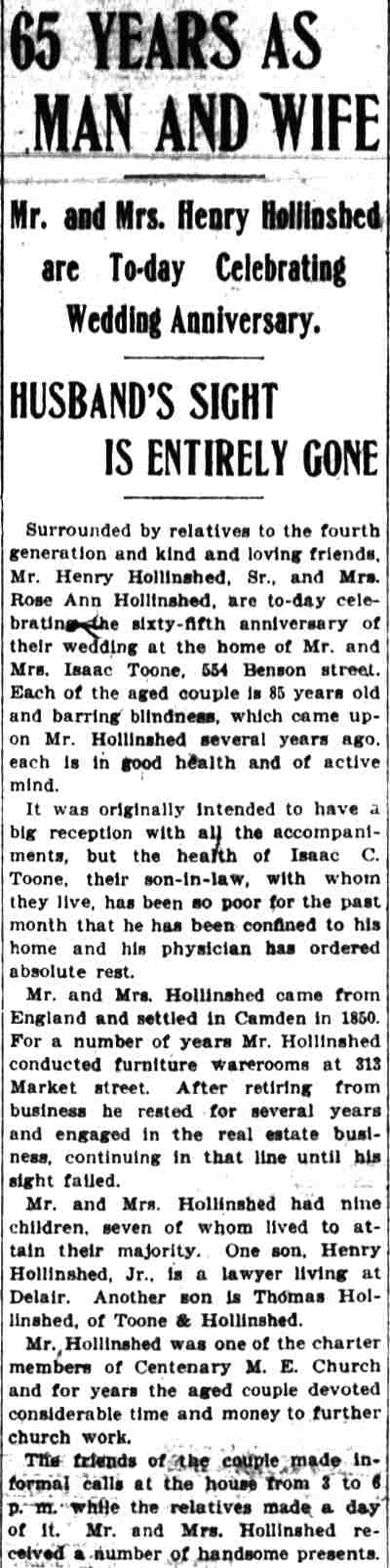 Camden Post-Telegram, March 28, 1906 — 65th wedding anniversary of Henry Hollinshed Sr. and Rose Ann Hollinshed