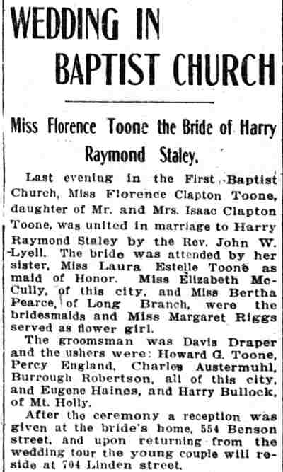 Camden Daily Courier, April 25, 1905 — Wedding in Baptist Church, Miss Florence Toone the Bride of Harry Raymond Staley