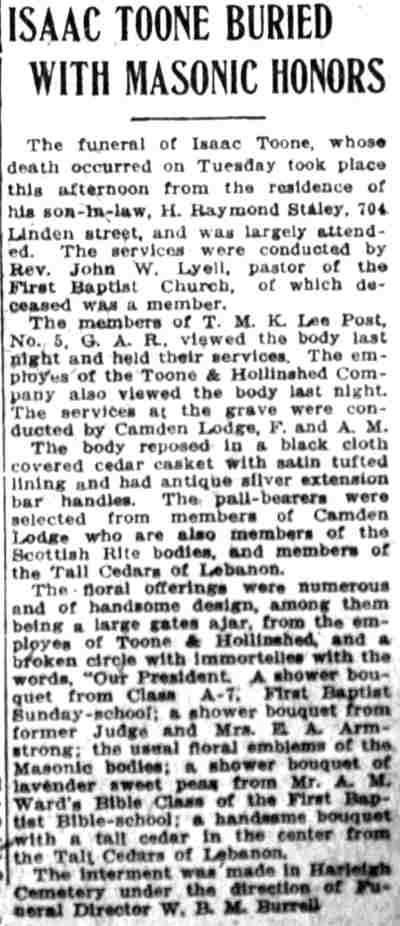 Camden Post-Telegram, June 24, 1910 — Isaac Toone Buried with Masonic Honors