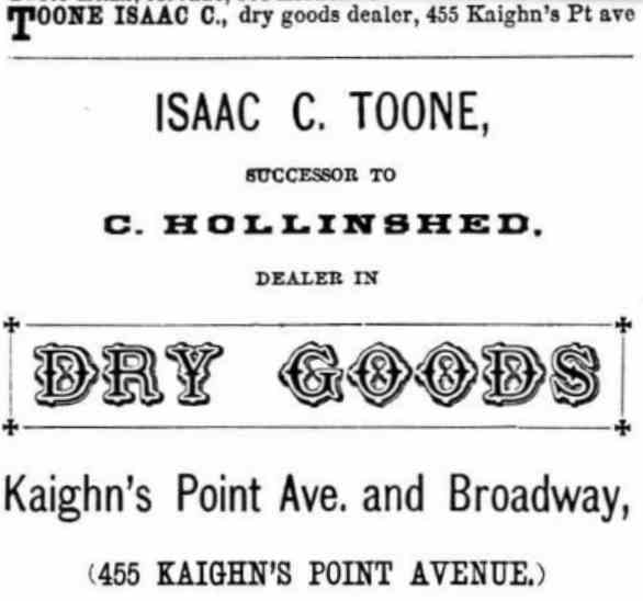 1878 city directory listing and advertisement for Isaac C. Toone, Dry Goods