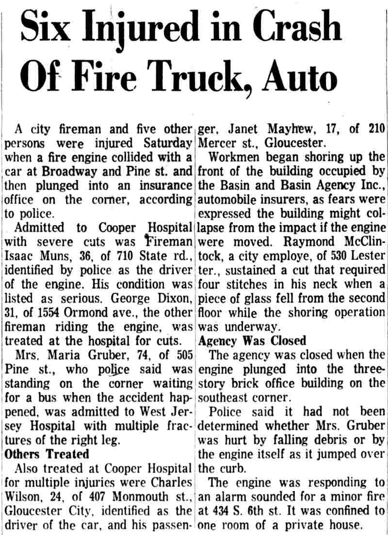 Six Injured in Crash Of Fire Truck, Auto — article text