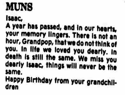 In memoriam notice for Isaac Muns Sr., March 14, 1992