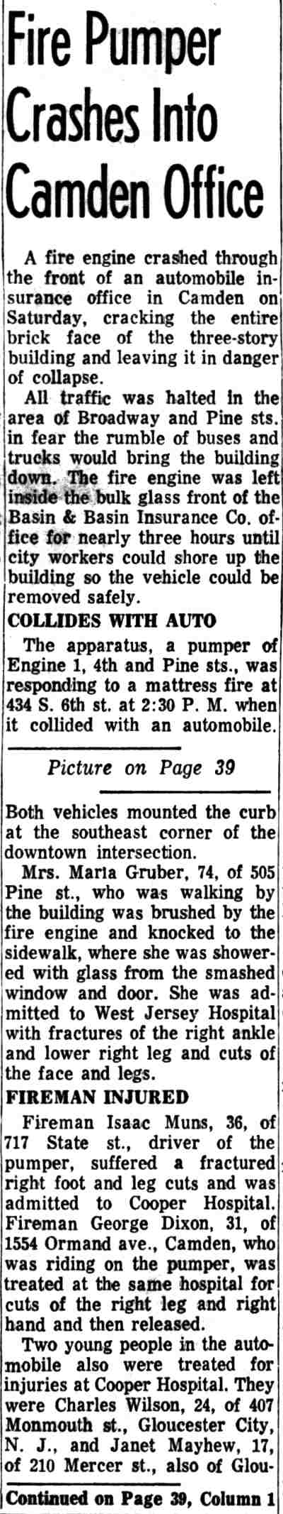 Fire Pumper Crashes Into Camden Office — article text, first page