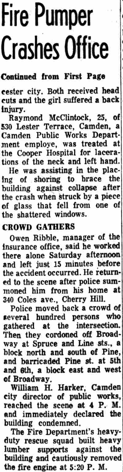 Fire Pumper Crashes Office — continued from first page