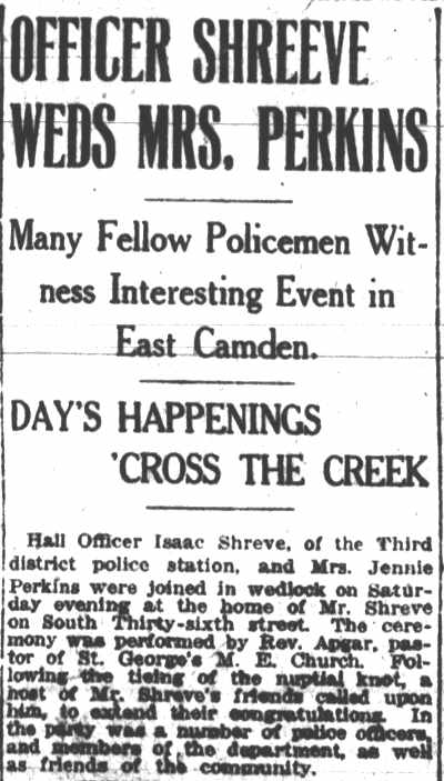Officer Shreeve Weds Mrs. Perkins, Camden Post-Telegram, November 8, 1920