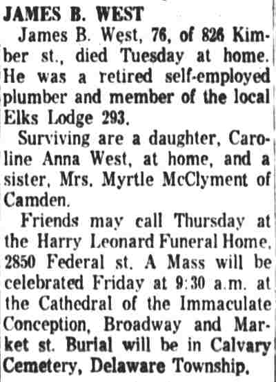 Camden Courier-Post, October 4, 1961 — obituary for James B. West Jr.