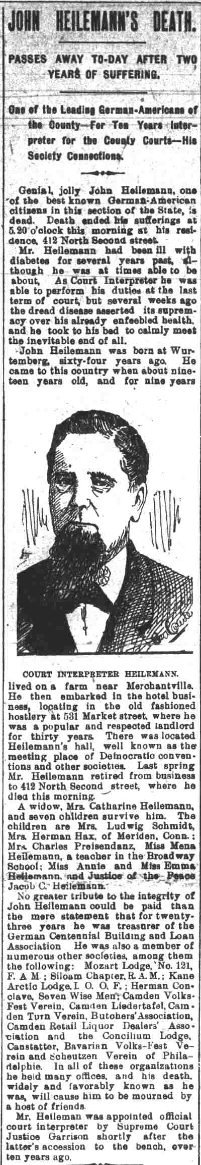 Portrait of John G. Heileman from his obituary in the Camden Daily Courier, December 3, 1898
