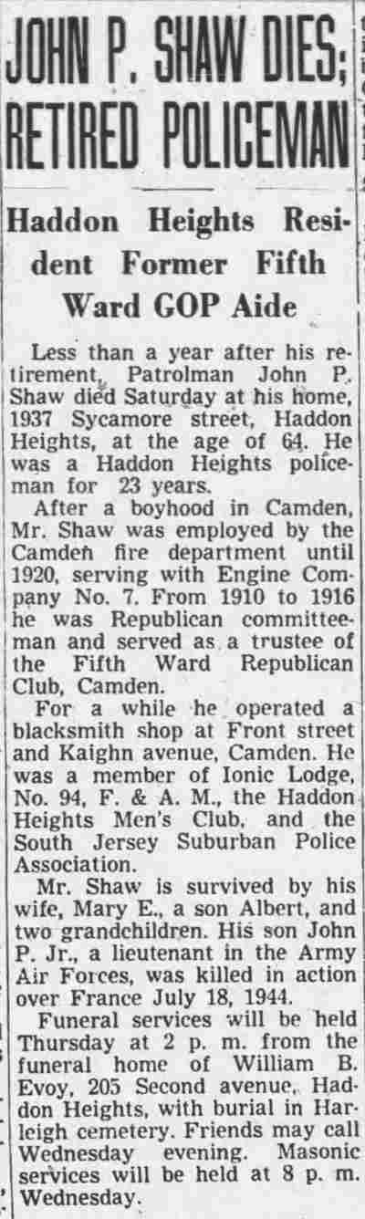 Camden Courier-Post, January 6, 1947 — John P. Shaw obituary