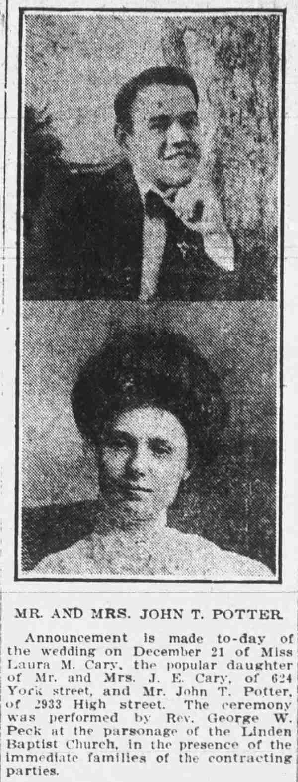 Camden Post-Telegram, January 5, 1911 — John T. Potter and associates in York Street and High Street area, Linden Baptist Church