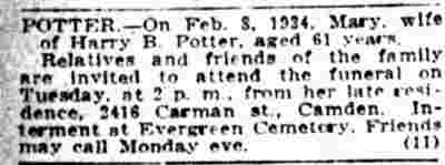 Camden Post-Telegram, February 9, 1924 — Mary Potter obituary