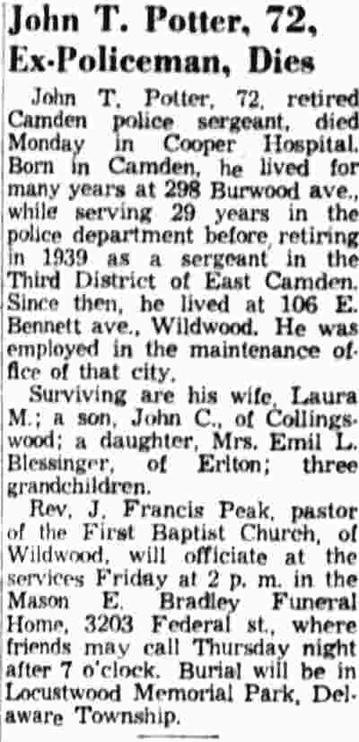 Camden Courier-Post, April 22, 1959 — John T. Potter obituary