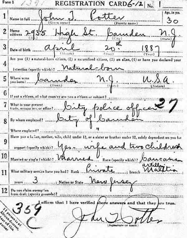 John T. Potter World War I Draft Registration Card, front