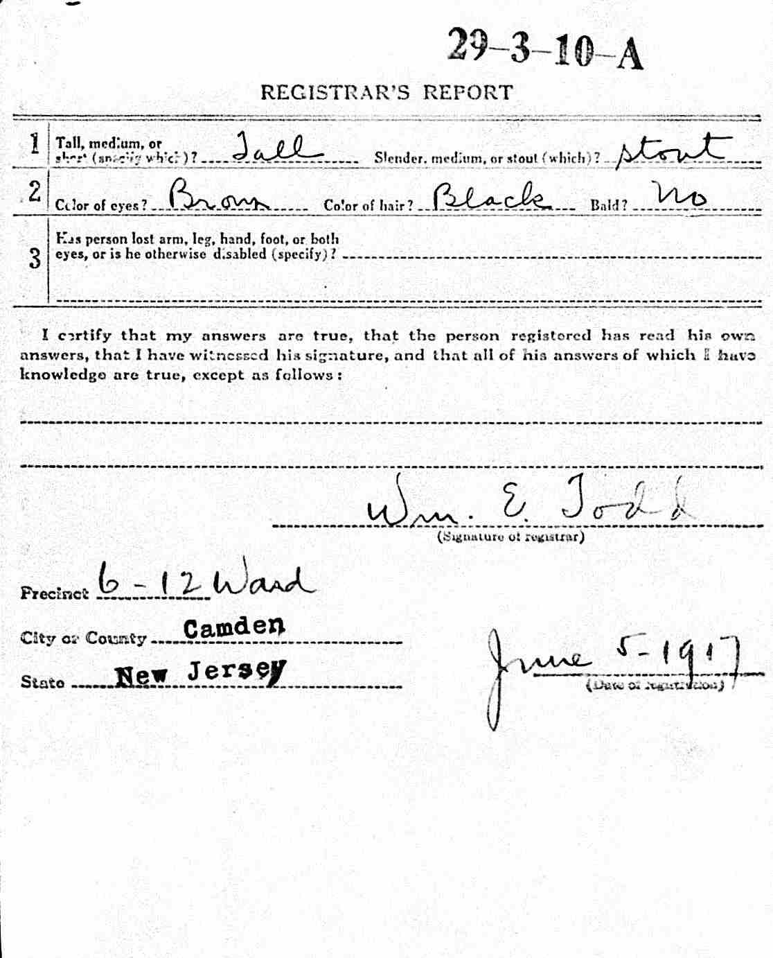 John T. Potter World War I Draft Registration Card, back