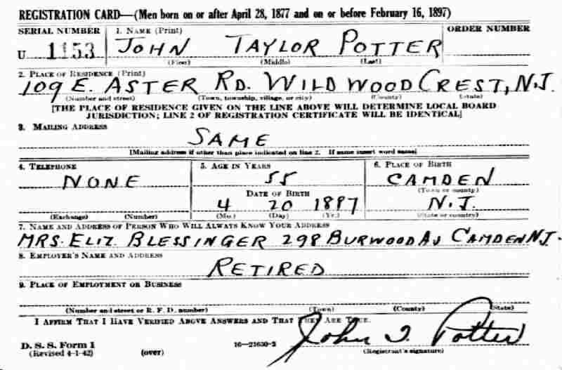 John T. Potter World War II Draft Registration Card