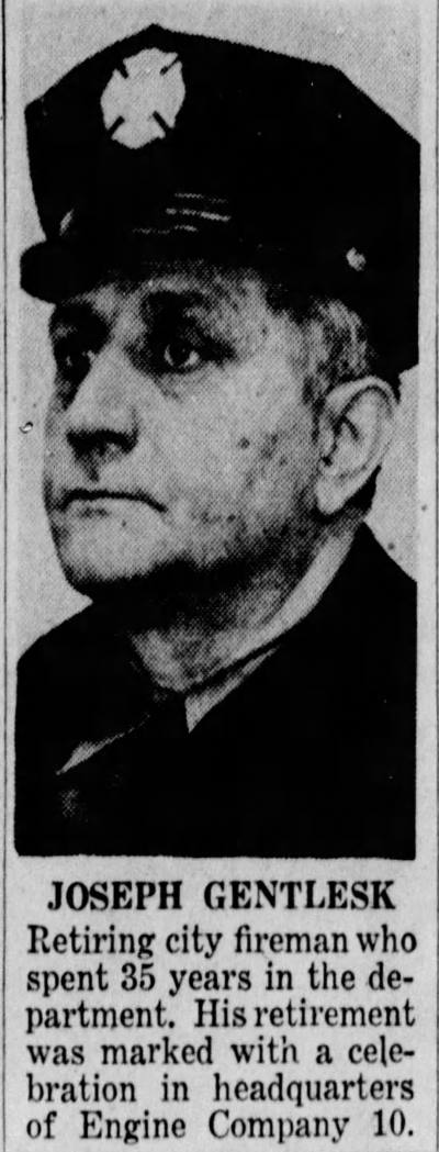 Joseph Gentlesk, retiring fireman, Camden Courier-Post, April 23, 1958