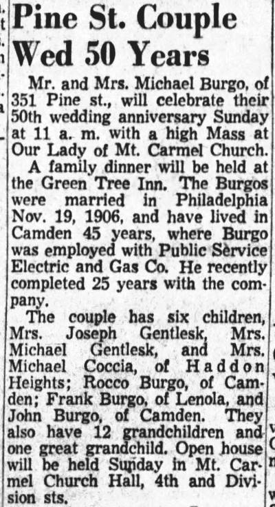 Pine St. Couple Wed 50 Years — Camden Courier-Post, November 13, 1956