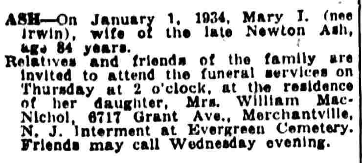 Camden Courier-Post, January 3, 1934 — Ash death notice for Mary I. Ash