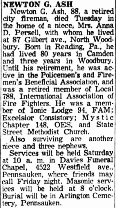 Camden Courier-Post, October 29, 1958 — Newton G. Ash obituary