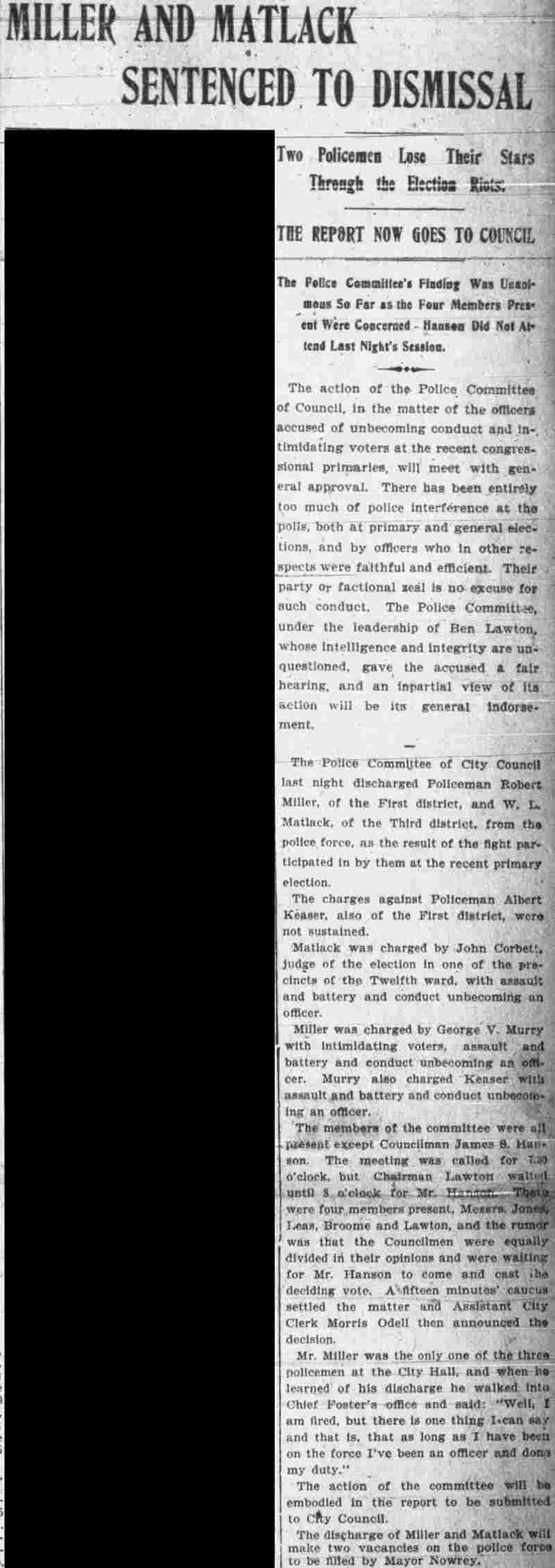 Camden Daily Courier September 18, 1902 — Miller and Matlack sentenced to dismissal from the police force