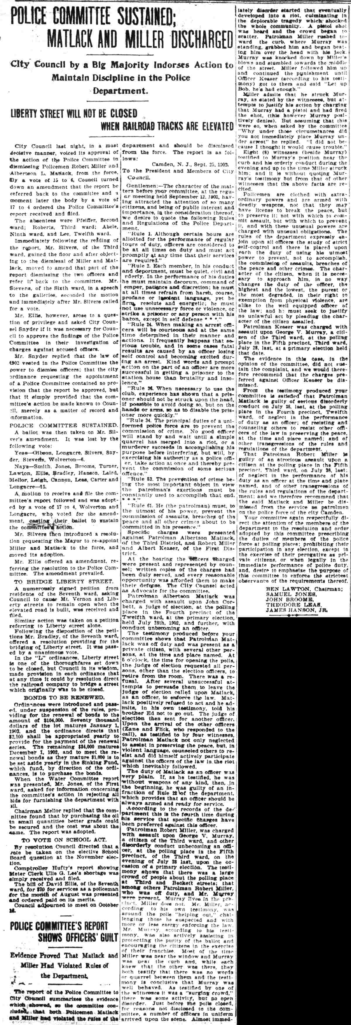 Camden Post-Telegram September 26, 1902 — Police Committee Sustained; Matlack and Miller Discharged