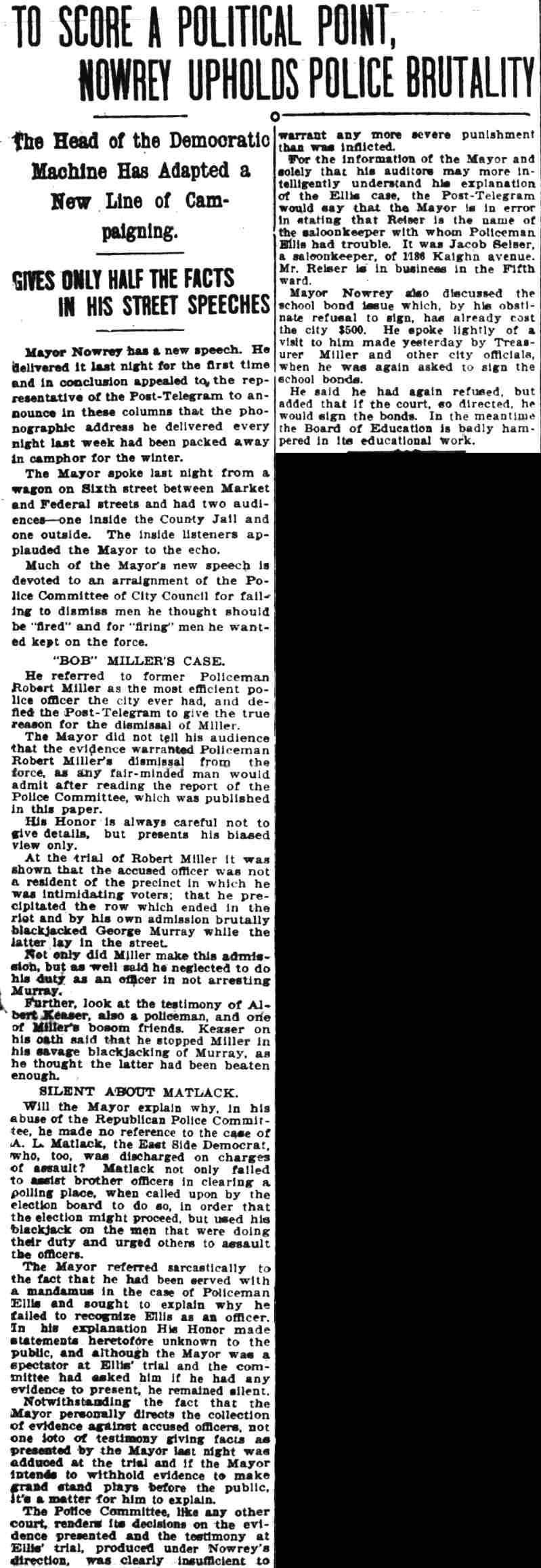 Camden Post-Telegram October 28, 1902 — To Score a Political Point, Nowrey Upholds Police Brutality