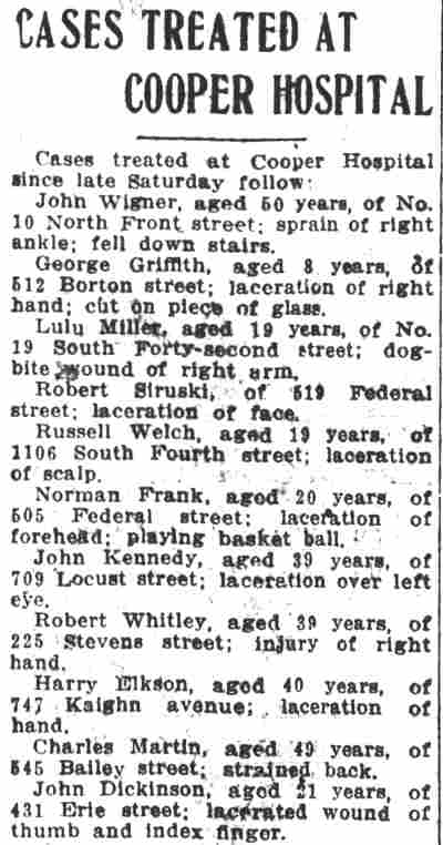 Cases Treated at Cooper Hospital, Camden Post-Telegram, January 11, 1915