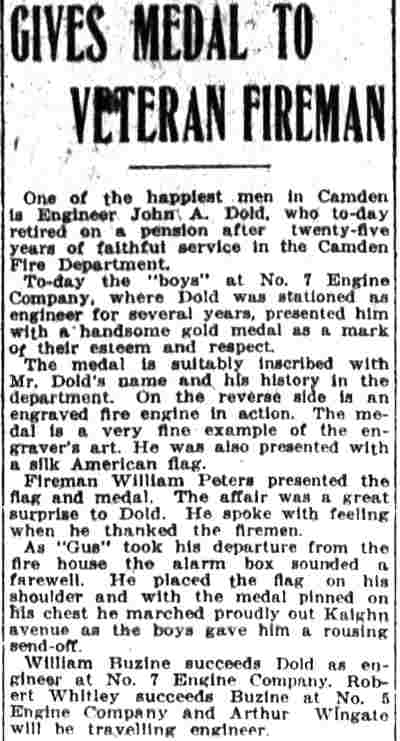 Gives Medal to Veteran Fireman, Camden Post-Telegram, February 1, 1919