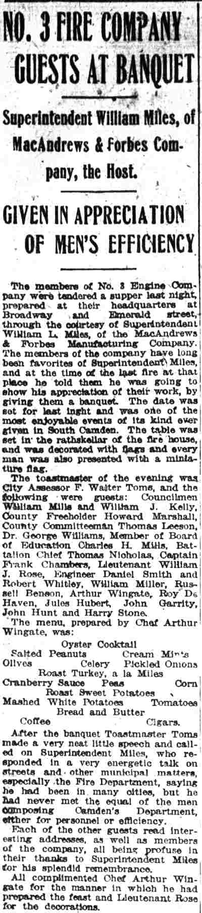 No. 3 Fire Company Guests at Banquet, Camden Post-Telegram, February 25, 1918