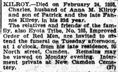 Kilroy death notice, Camden Post-Telegram, February 27, 1905