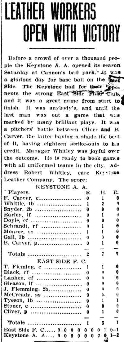 Leather Workers baseball article, Camden Daily Courier, April 22, 1907